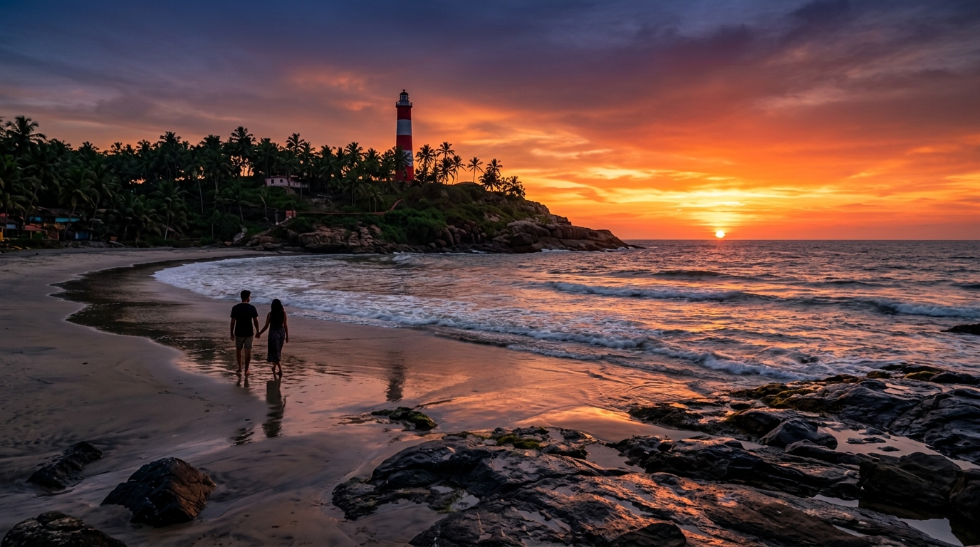 Beautiful sunset view over the rocky coastline of Kovalam Beach in Kerala