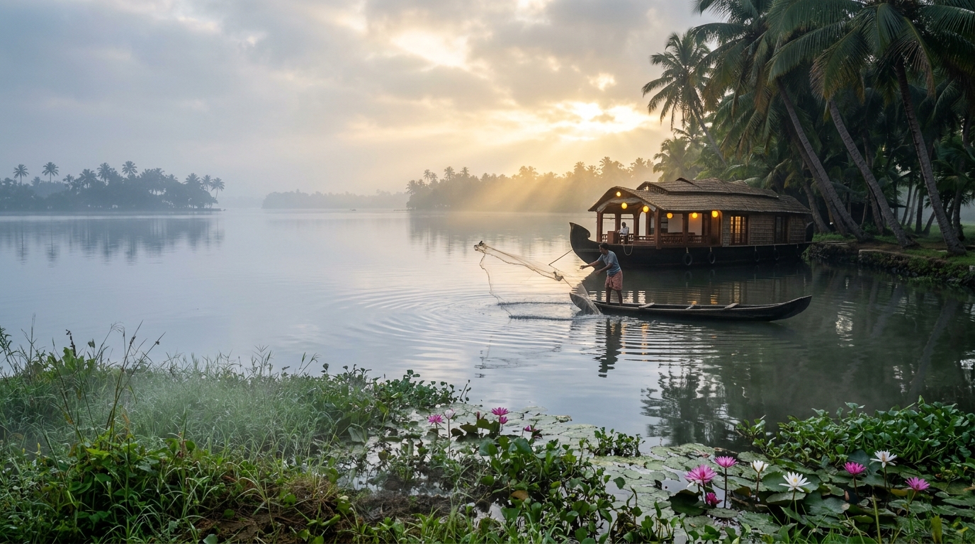 Traditional Kerala houseboat anchored near the shore during a beautiful sunset