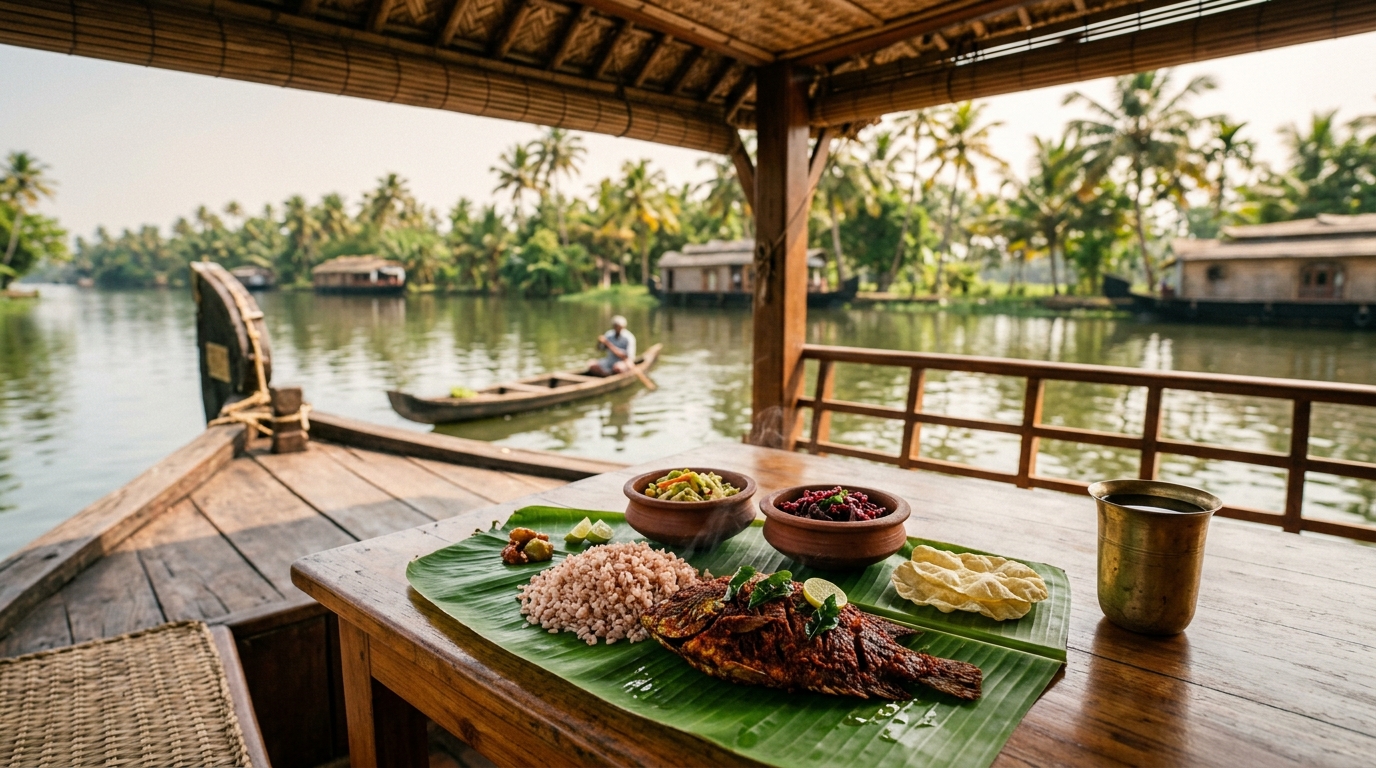A luxury Kerala houseboat cruising along the peaceful backwaters of Alappuzha