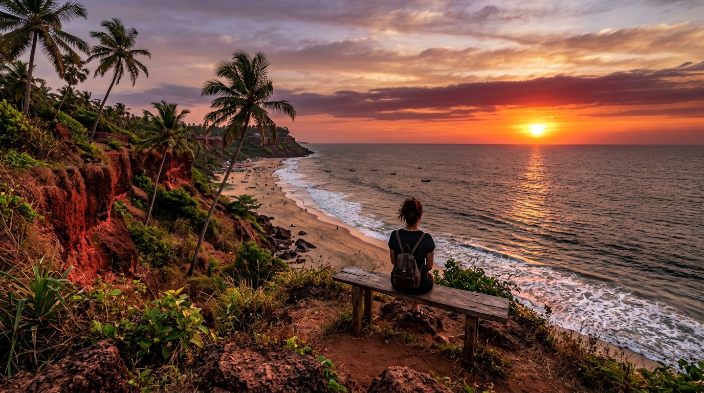 Scenic view of a tropical palm-fringed beach at sunset in Kerala