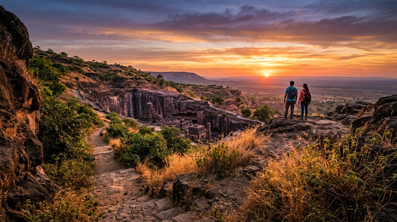 Panoramic view of the intricate stone towers at the largest cave temple of india, the Kailash Temple in Ellora