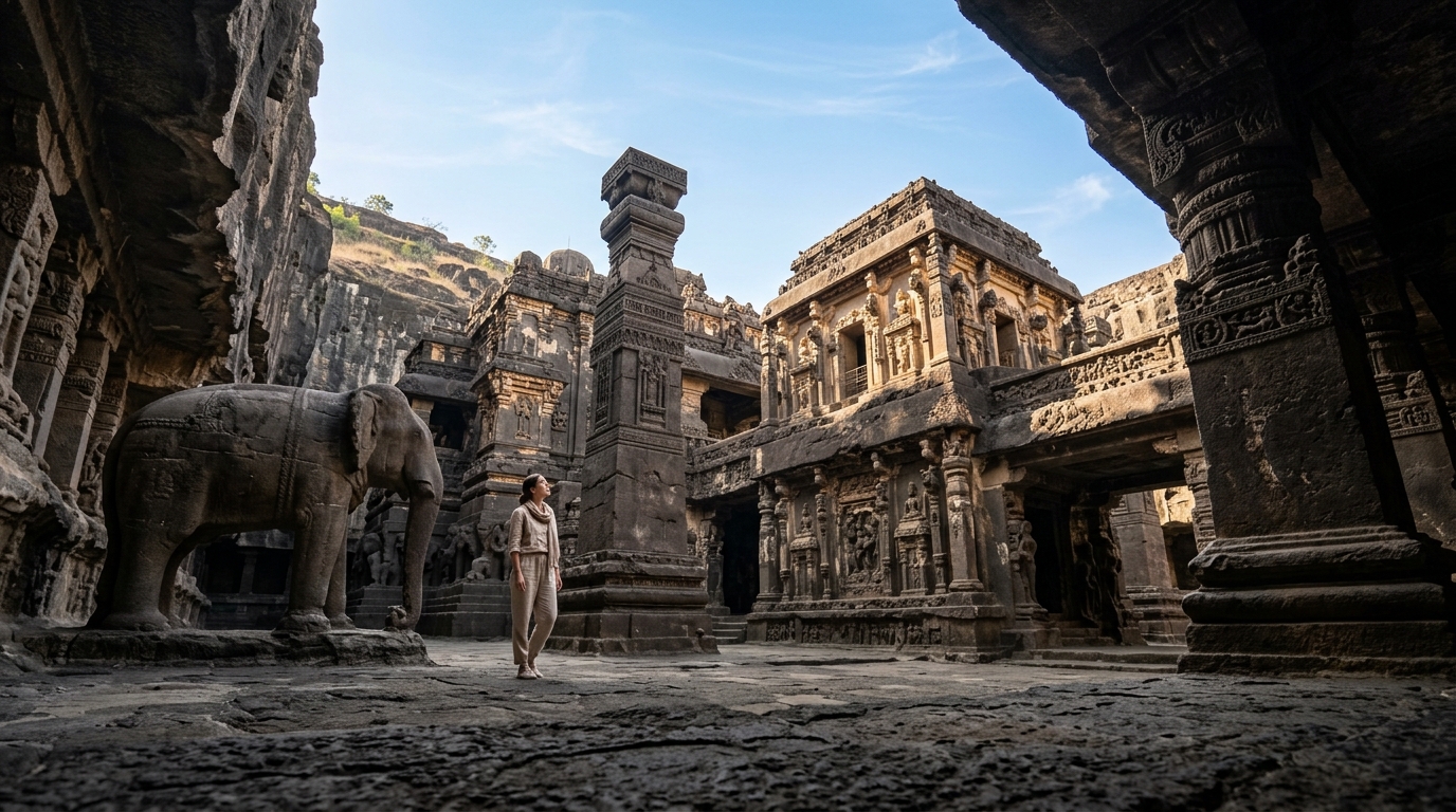 The monumental stone courtyard of Kailash Temple, the largest cave temple of india