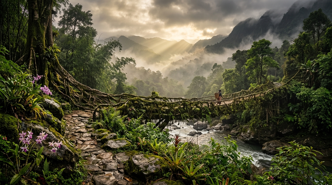 A serene single living root bridge spanning across a pristine stream in the deep forests of Meghalaya