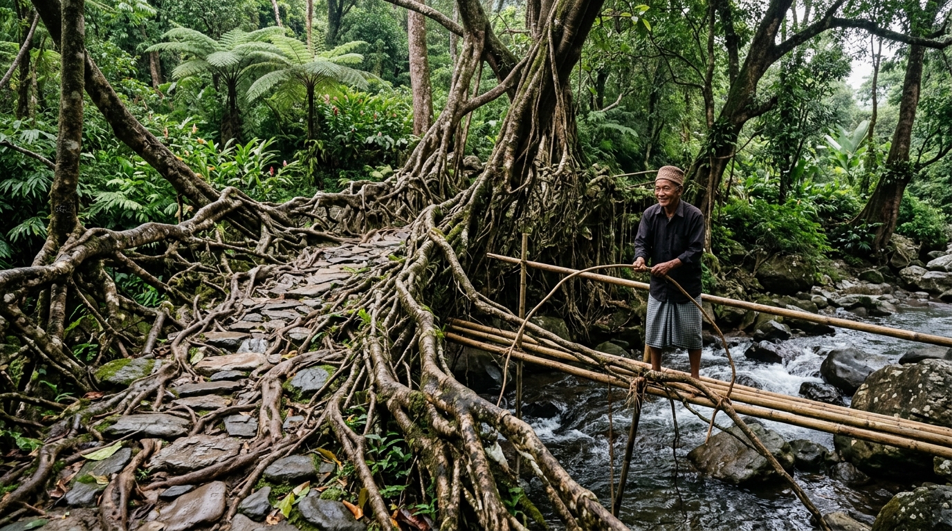 The iconic double-decker living root bridges Meghalaya surrounded by lush jungle foliage