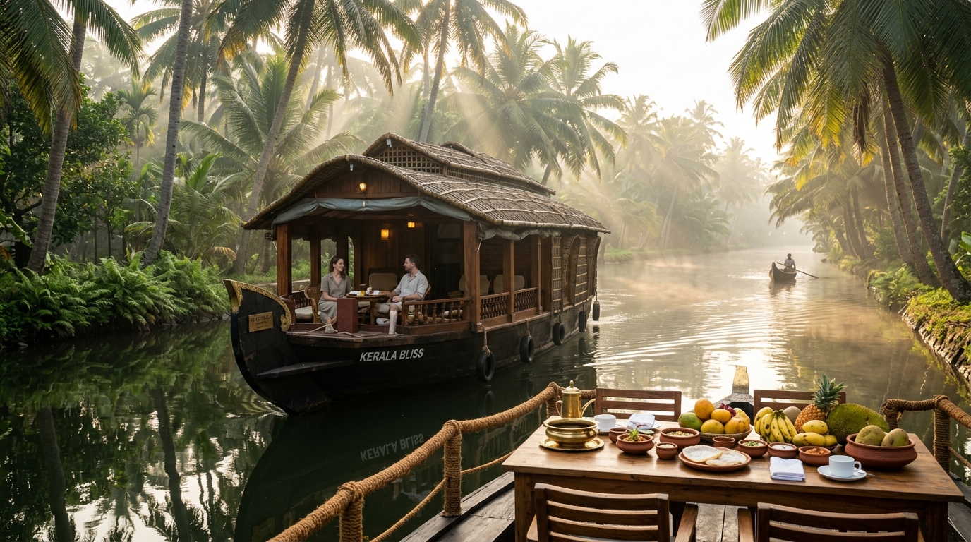 A private luxury houseboat cruising the serene waters of Kerala under luxury India tour packages