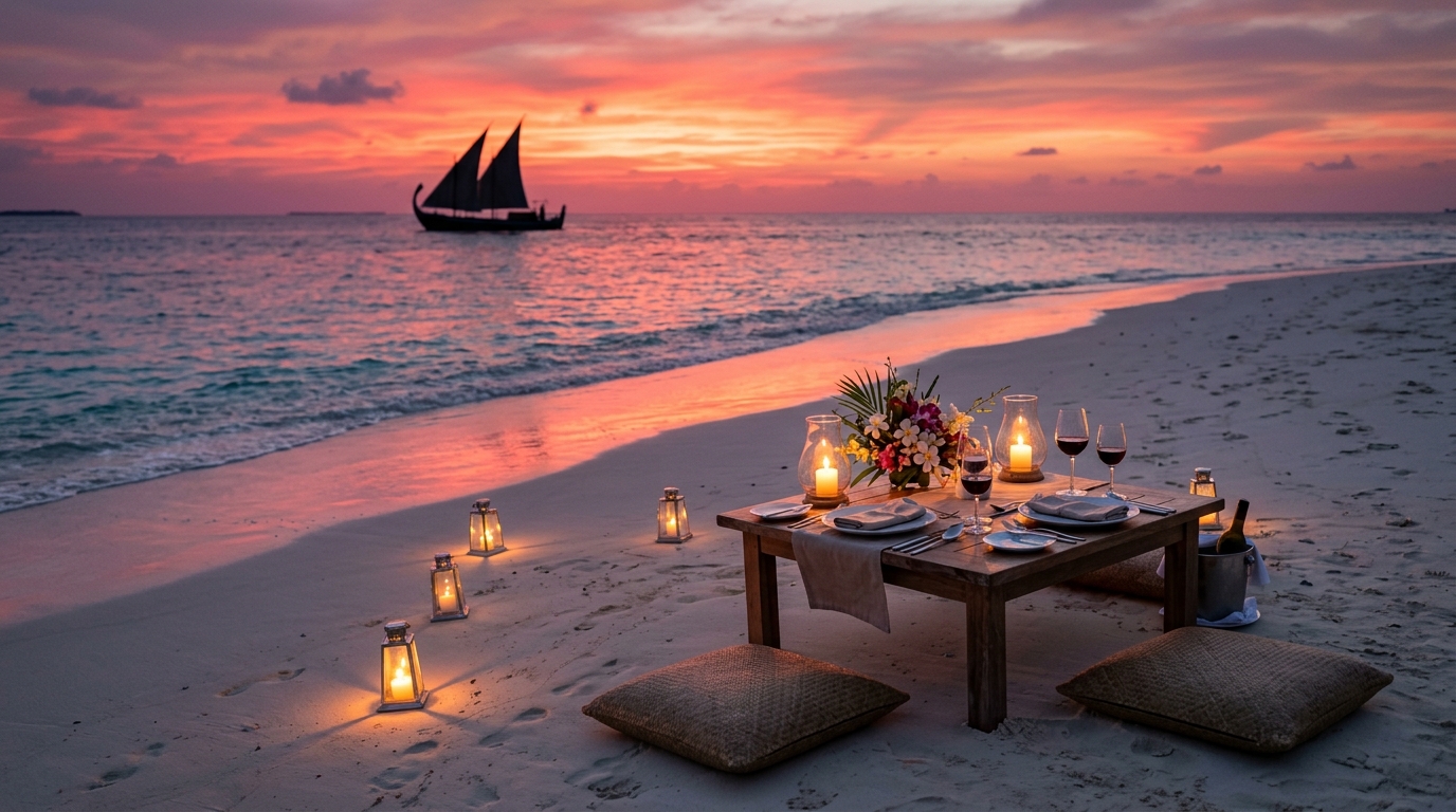 A secluded sandbank surrounded by pristine blue water in the Maldives, perfect for a couple's getaway