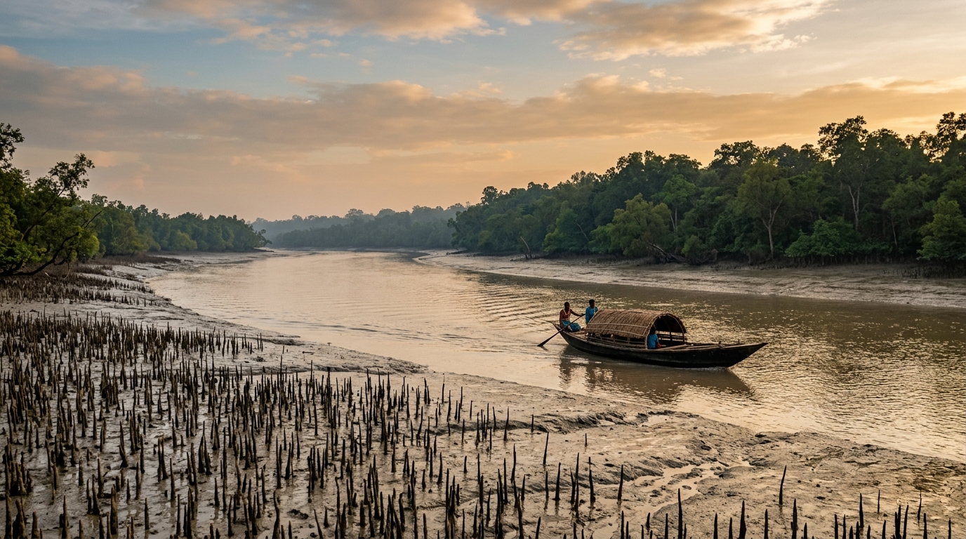 Scenic boat ride through the lush canopy of mangrove forests in India