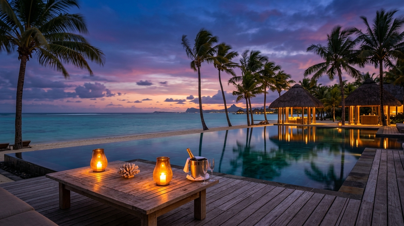 A beautiful tropical beach sunset in Mauritius representing the perfect Mauritius tour package from India experience