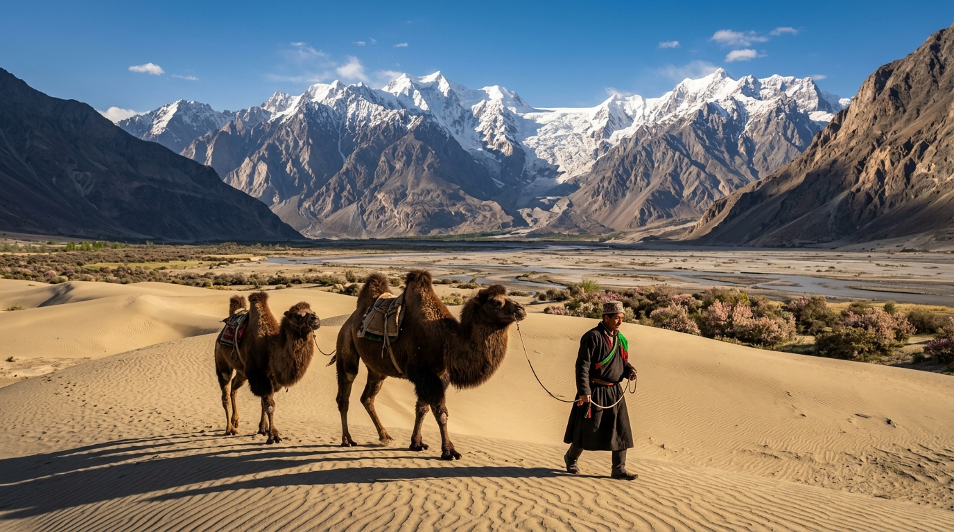Scenic high-altitude desert valley and winding roads of Leh Ladakh in May