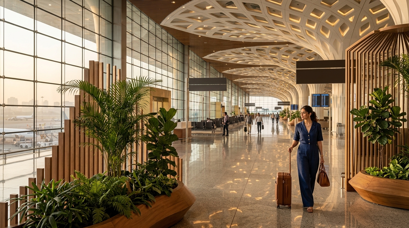 A busy terminal transit area with travelers checking flight status boards in an Indian airport