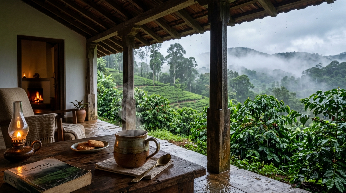 A traveler with an umbrella walking through a misty, scenic landscape during monsoon in India