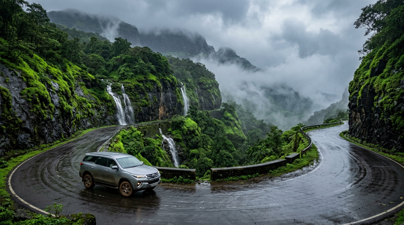 Spectacular view of misty hills and lush valleys during monsoon cloud chasing in India