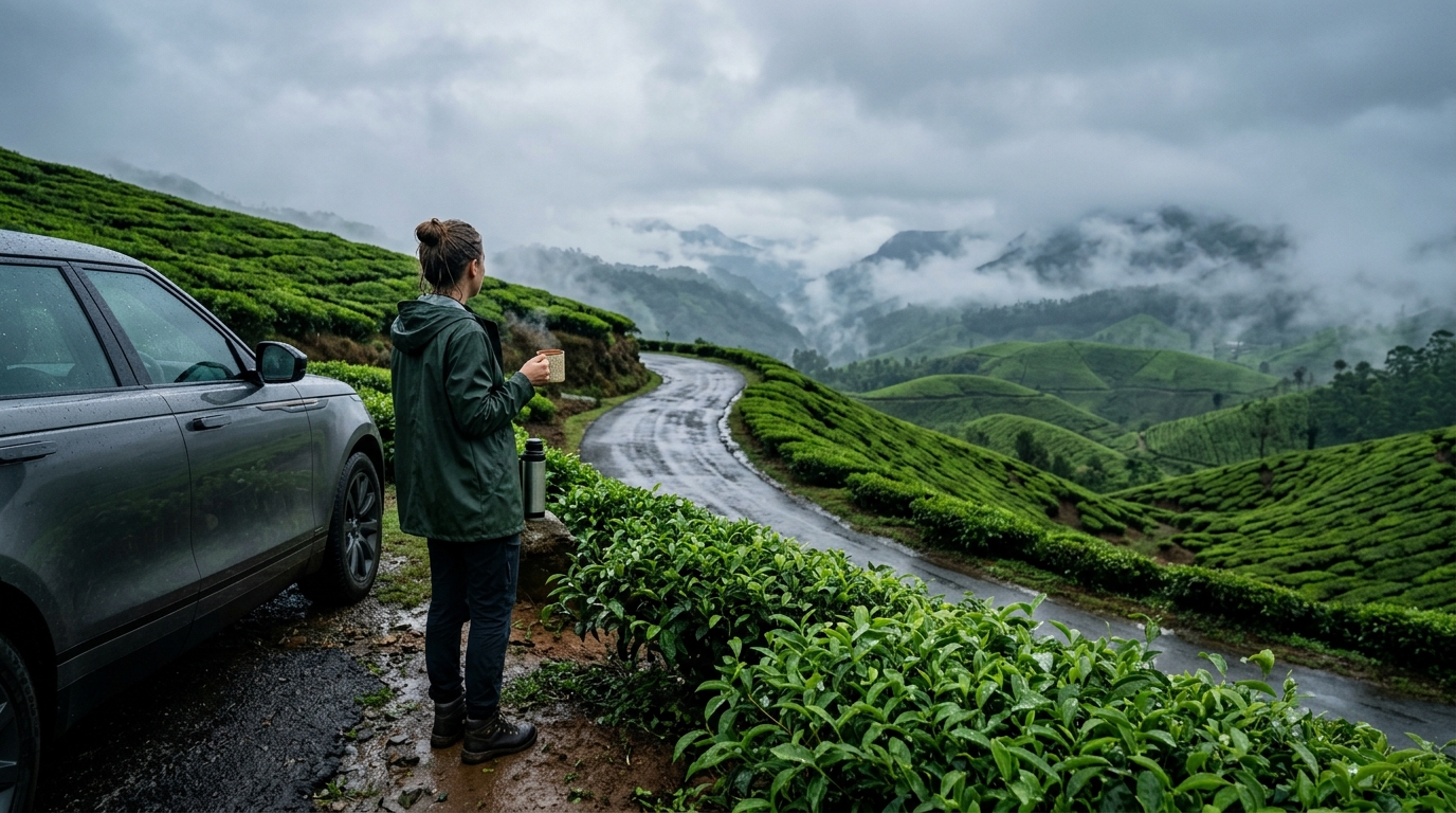 Winding road surrounded by lush green valleys and misty mountain peaks during an Indian monsoon road trip