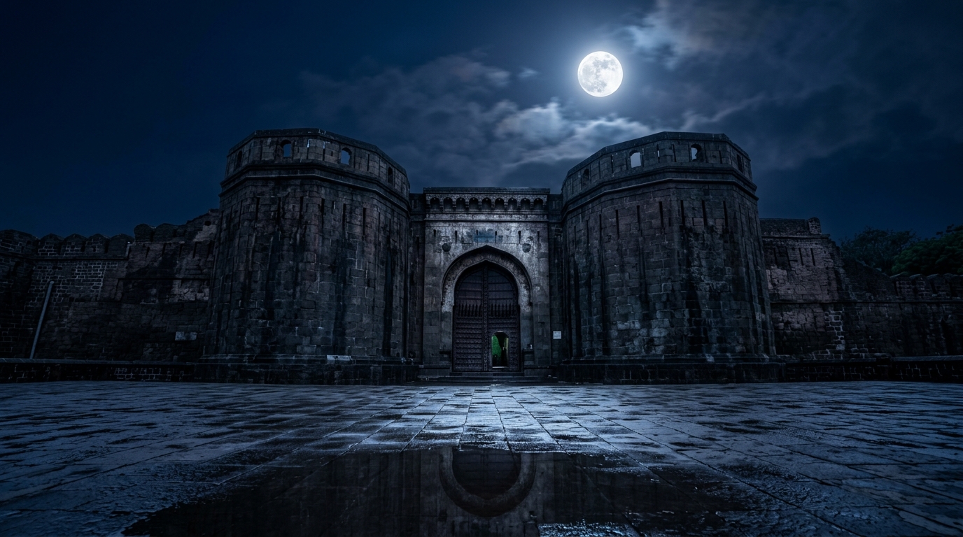Mysterious ancient architecture of a haunted Indian fort under a dramatic sky