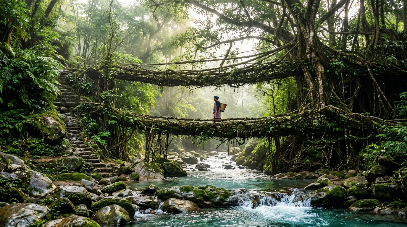 A beautiful scenic view of the lush green valleys of Meghalaya representing northeast india tourism