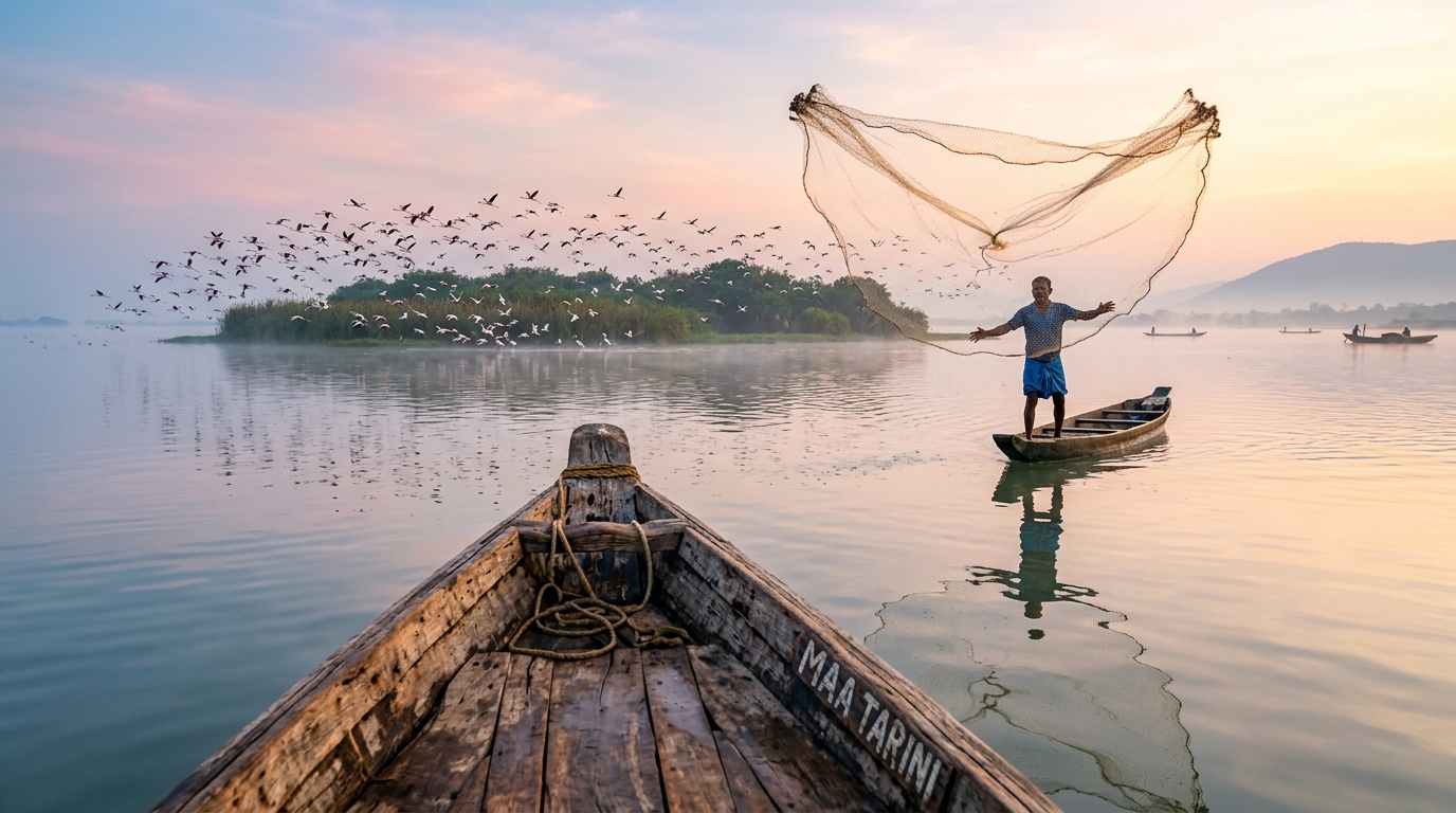 Scenic boat ride on Chilika Lake showcasing ecotourism in Odisha