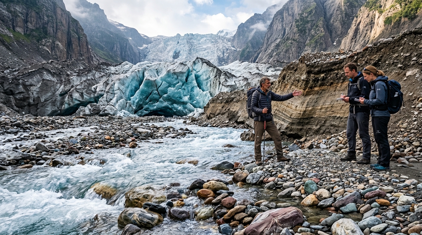 A high-altitude scientific group mapping historical moraines during paleo-glaciology trekking tours in India
