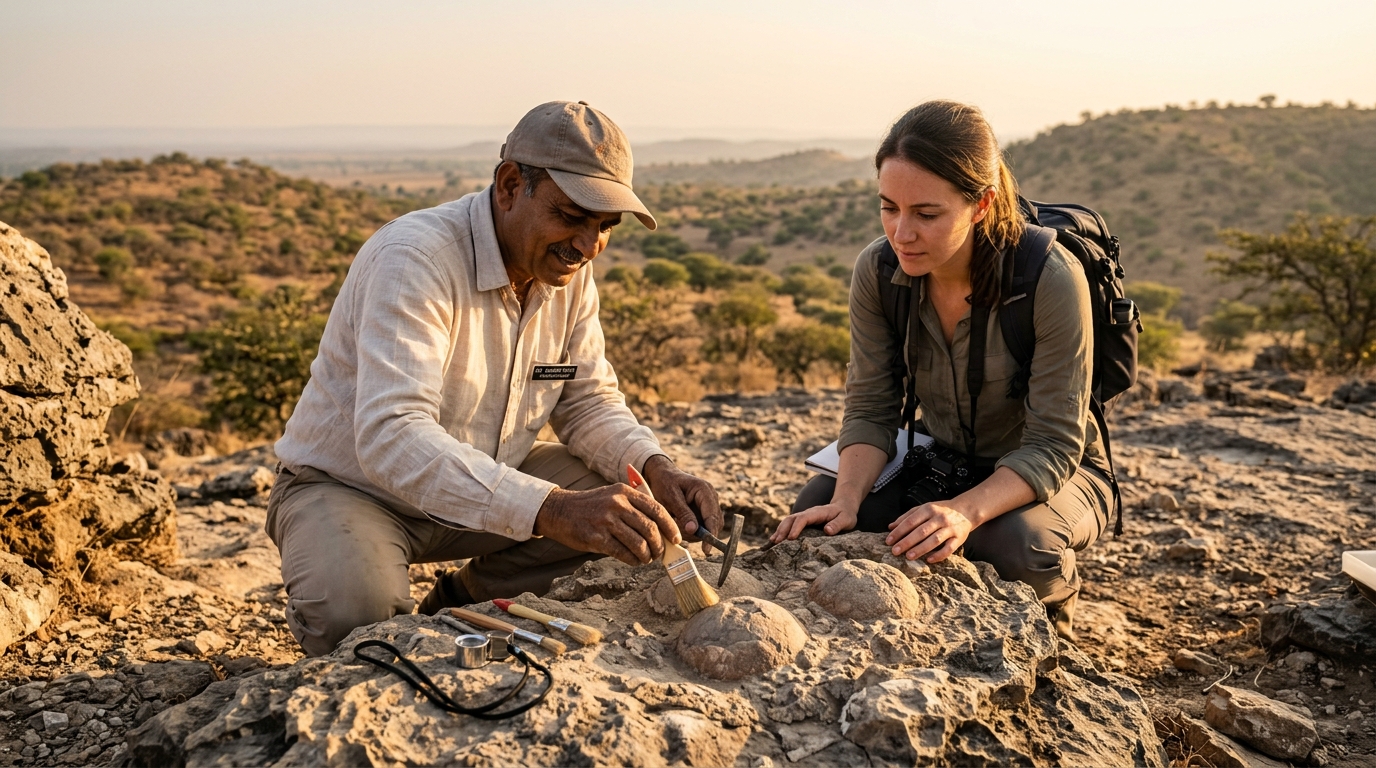 Ancient dinosaur fossil site during a paleontology tour in India