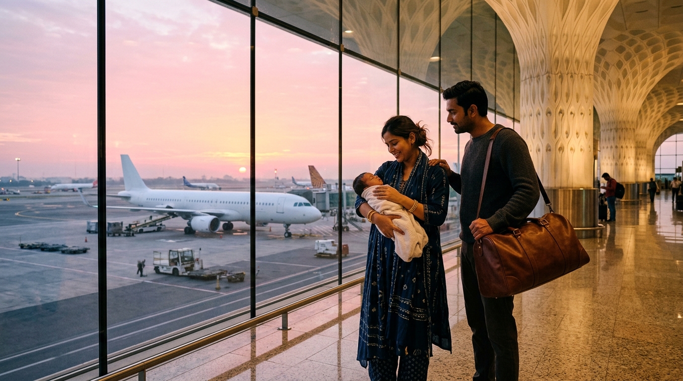 A happy family preparing for international travel after getting a passport for newborn baby in India