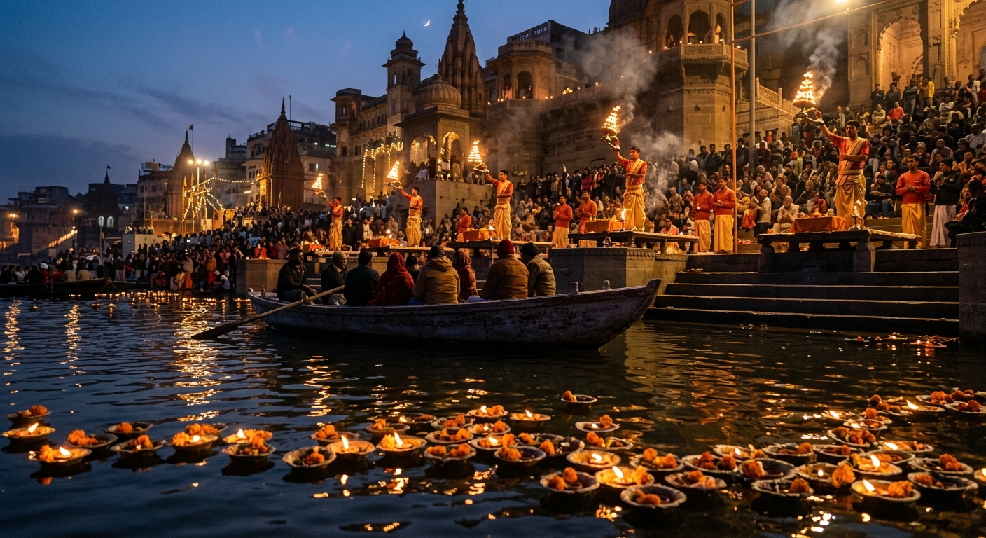 A grand ancient temple complex illuminated beautifully during evening rituals