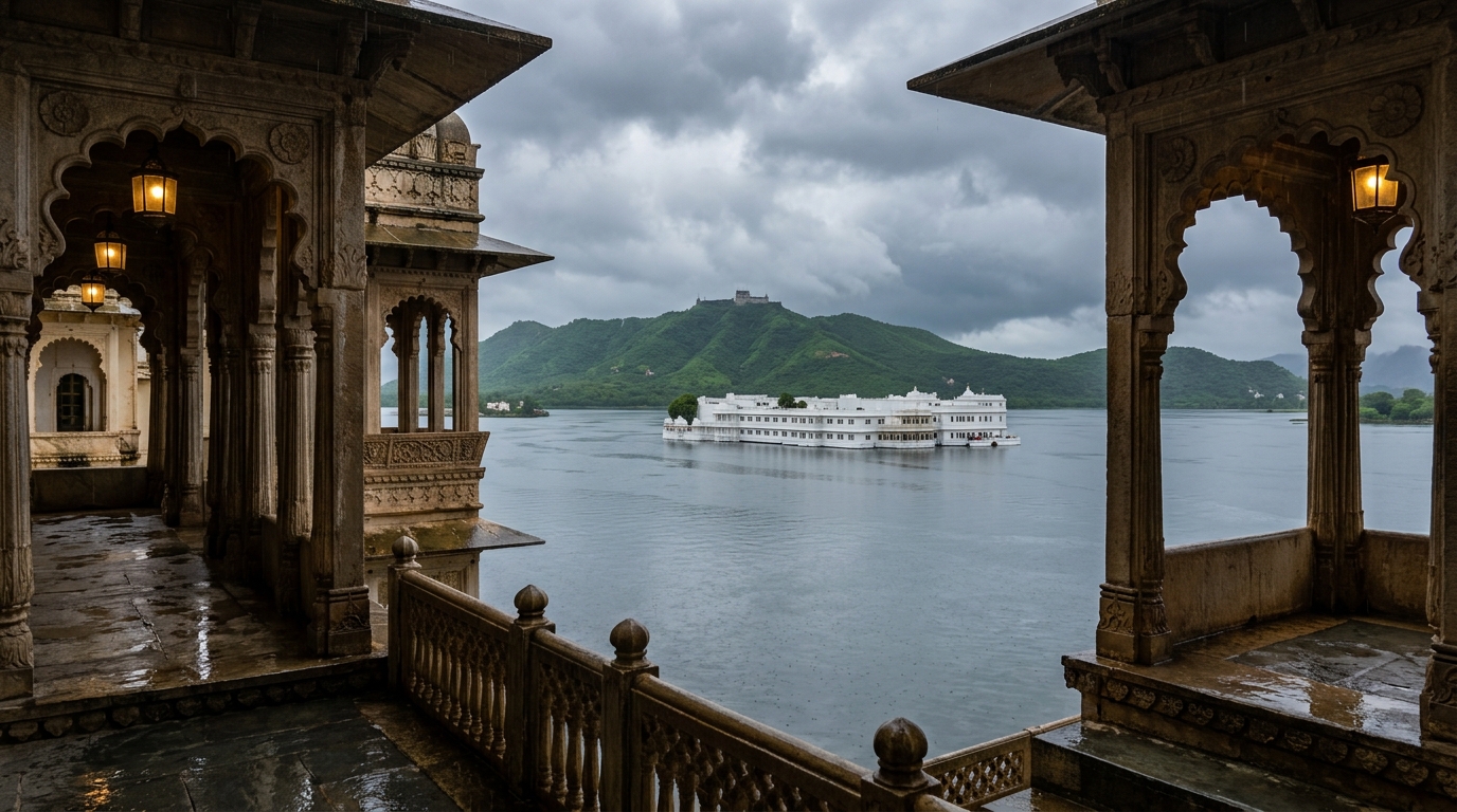 Scenic Udaipur Lake Palace bathed in soft monsoon light, an ideal place to visit in India during July