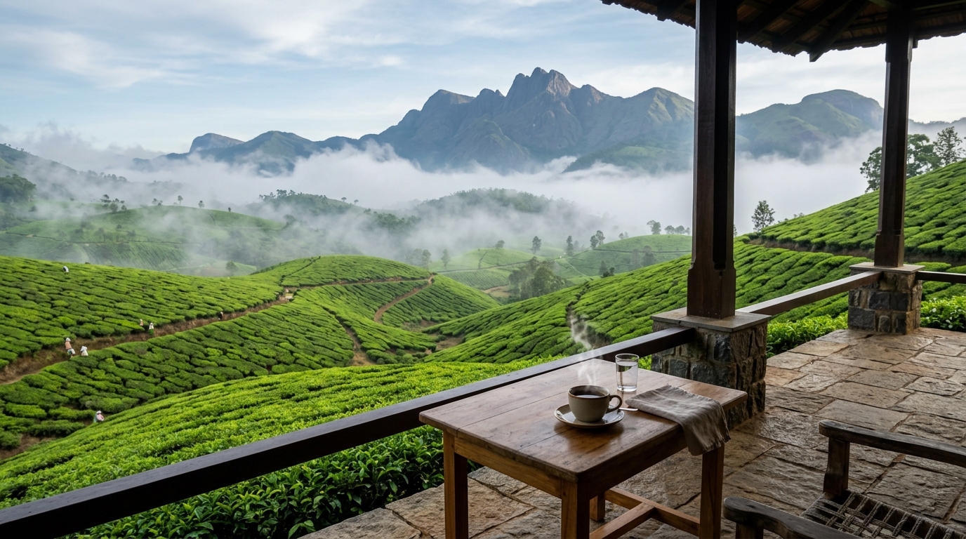 Lush green tea plantations of Munnar, Kerala with mist-covered mountains