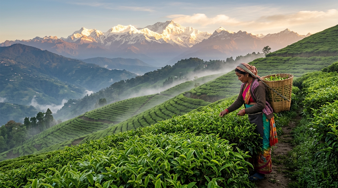 Scenic panoramic view of Darjeeling tea gardens in West Bengal, India