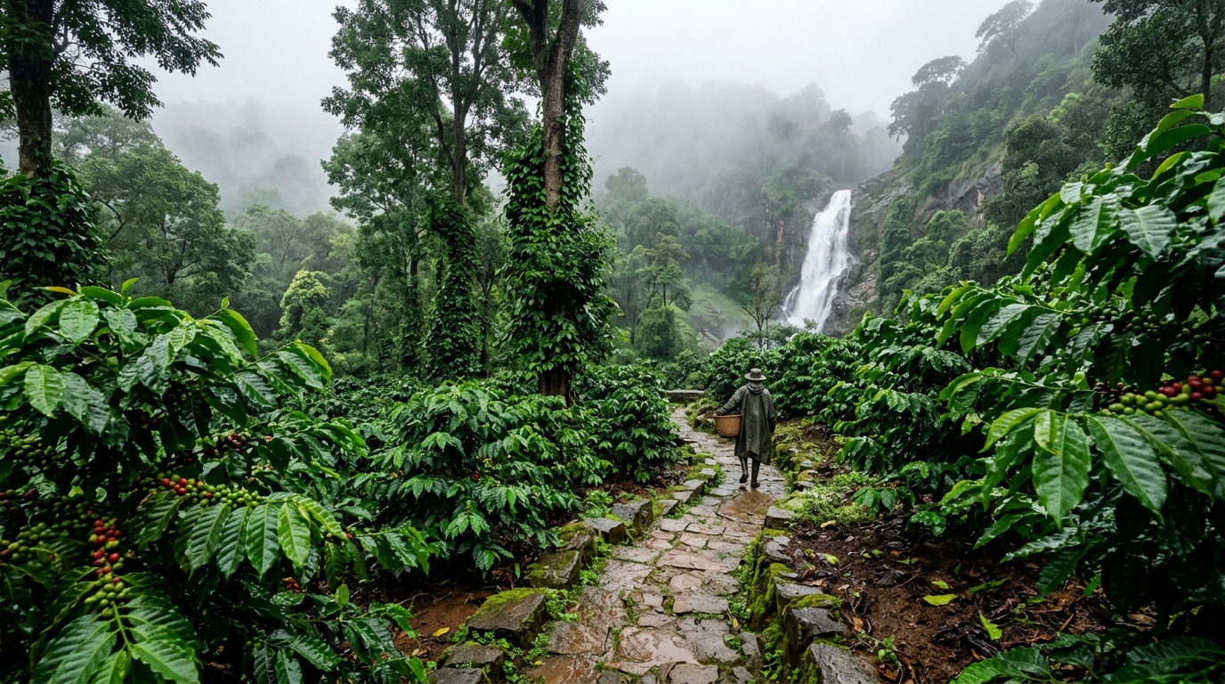 Lush green tea gardens and mist-covered hills in South India during July monsoon