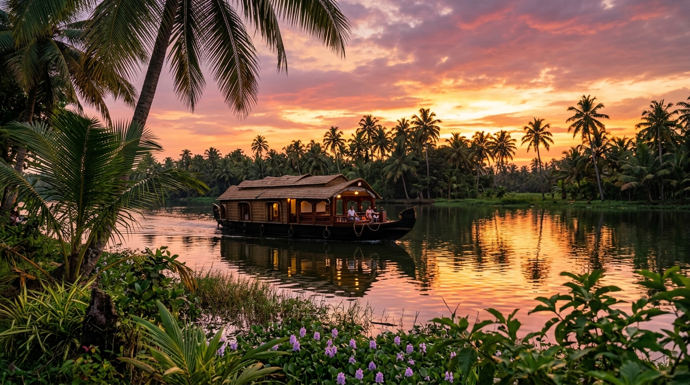 Lush backwaters of Kerala with a traditional wooden houseboat floating calmly under palm trees