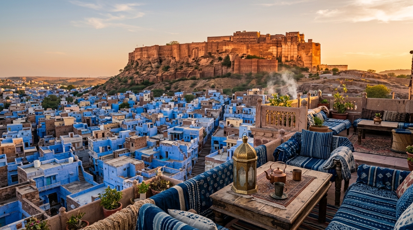 A majestic royal palace fortress set against the golden sands of Rajasthan, India