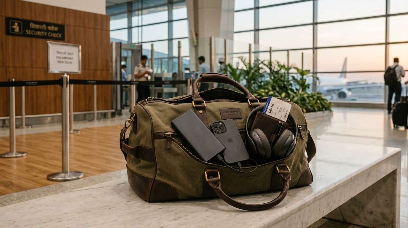 Security officer checking power bank in tray at airport security checkpoint