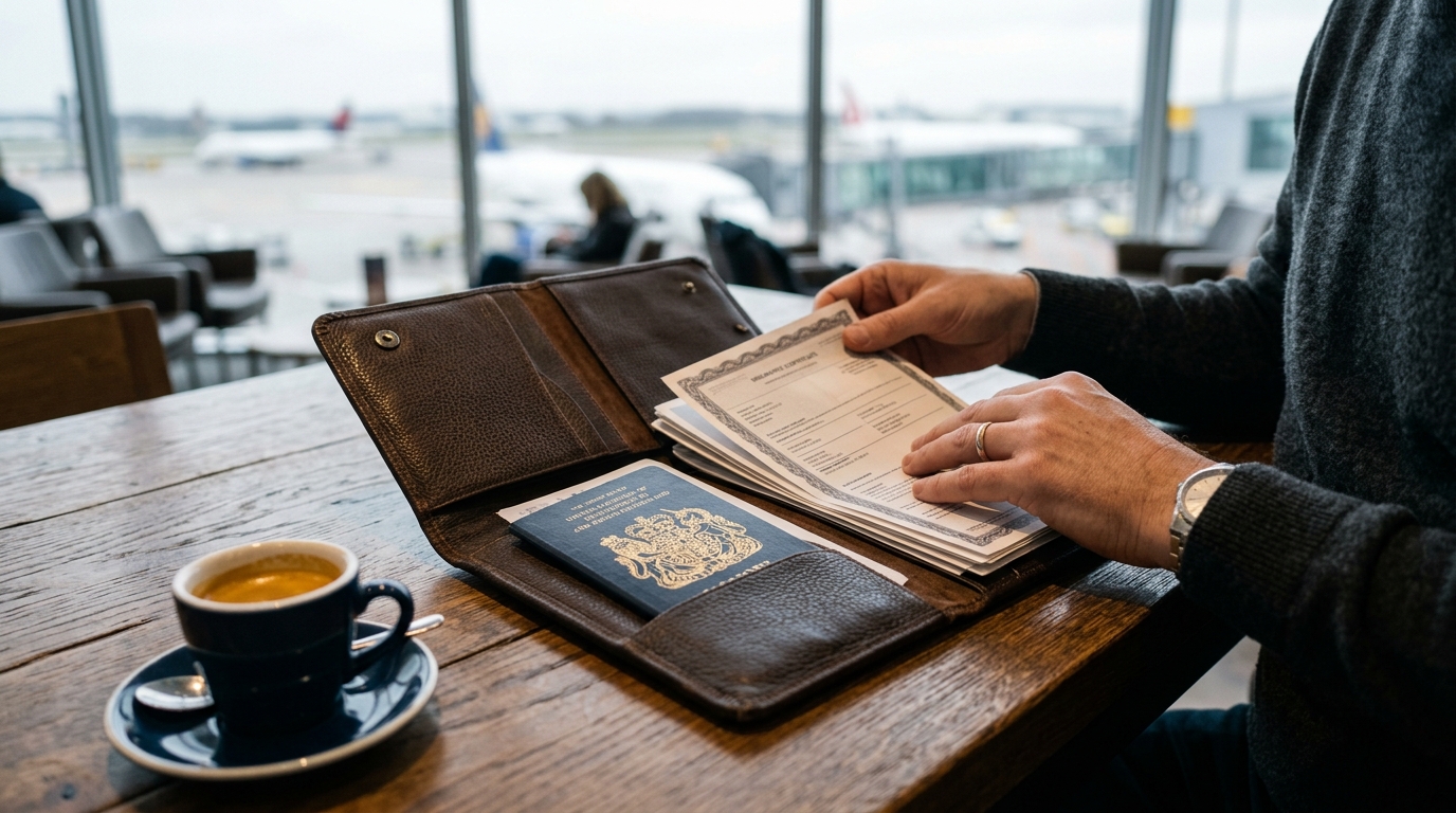Indian traveler presenting documents at Schengen airport immigration counter