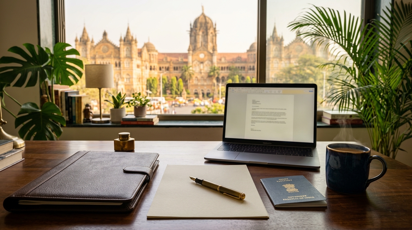 Schengen student visa cover letter layout on a wooden desk with a passport and documents