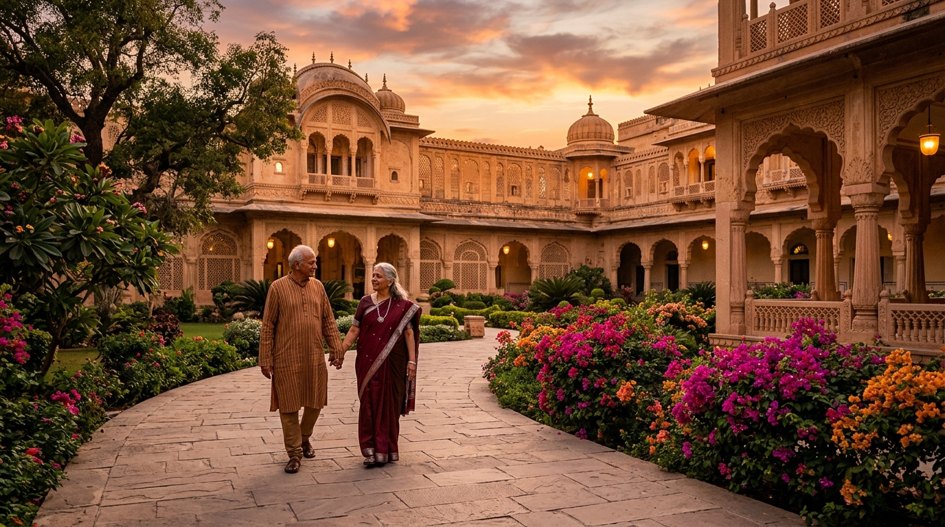 A senior couple enjoying a stress-free travel experience, booked via senior citizen tour packages india