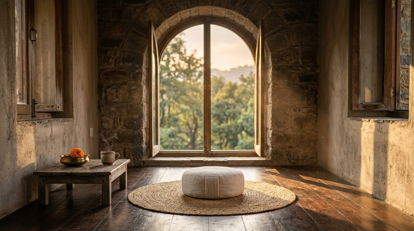A peaceful sunset indicating the completion of a silent meditation retreat in India