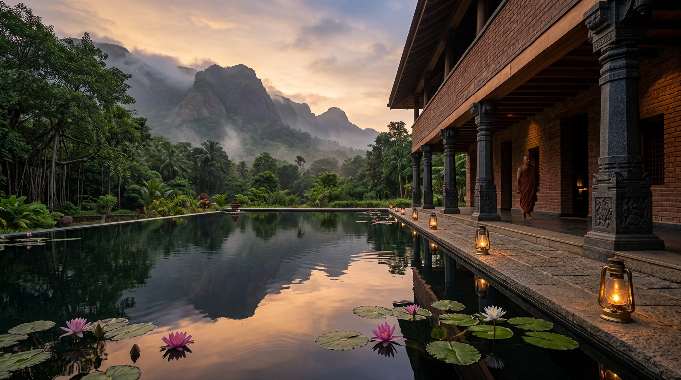 Serene meditation hall surrounded by trees for a silent meditation retreat in India