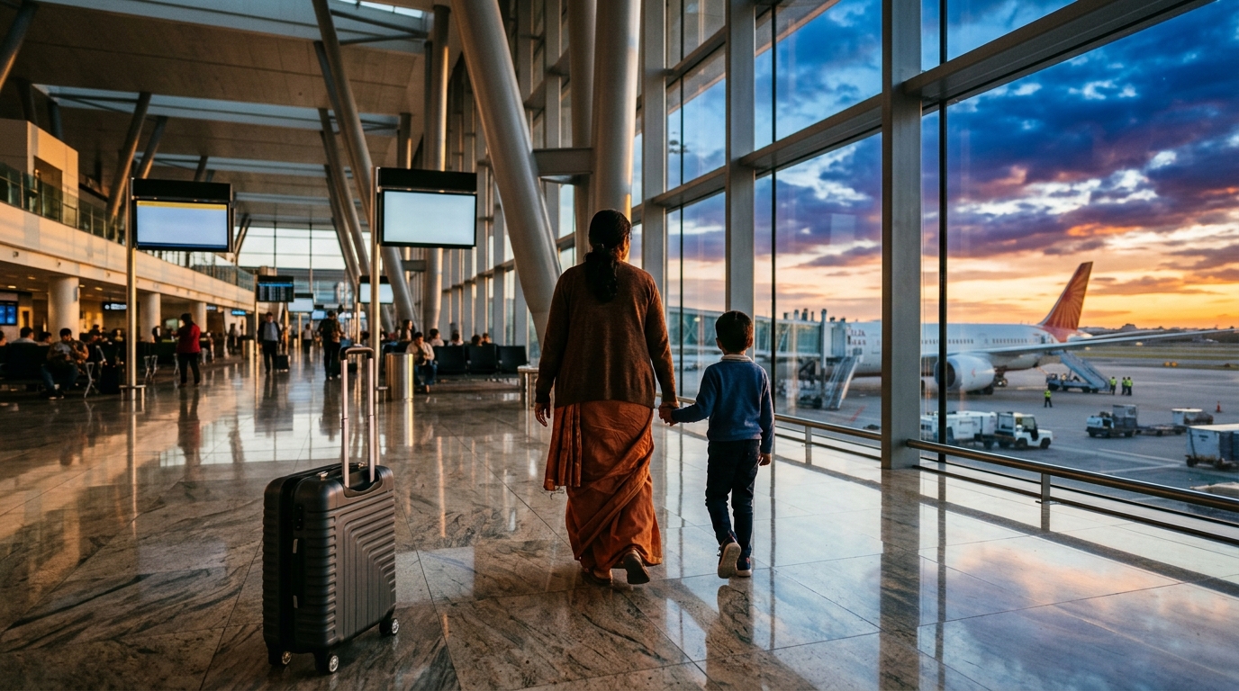 A single parent and their happy child planning a trip with an Indian passport