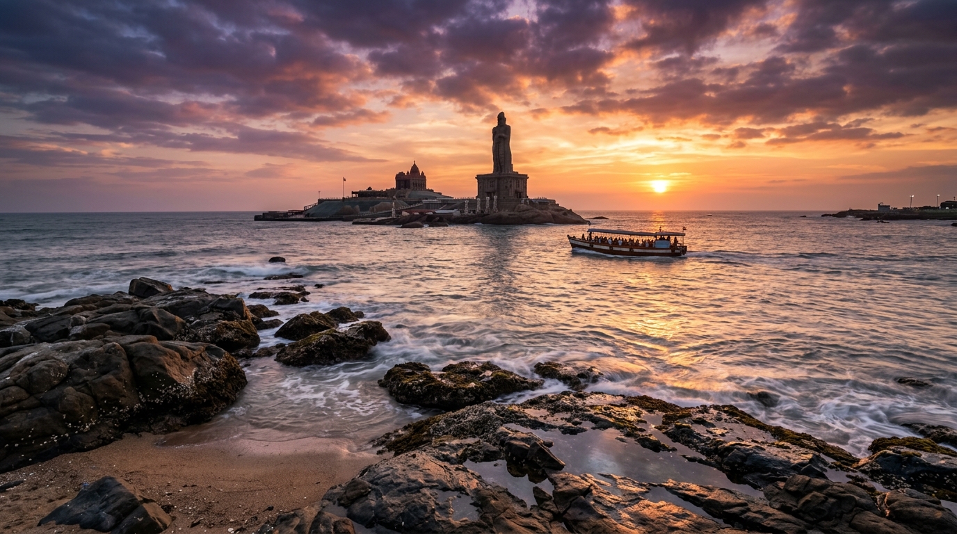 Scenic sunset view over a coastal temple, a highlight of south india pilgrimage tour packages