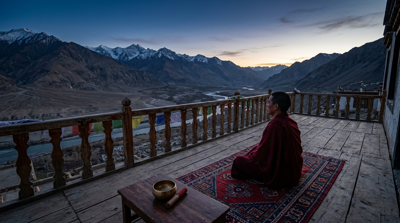 A serene meditation setting representing final reflections