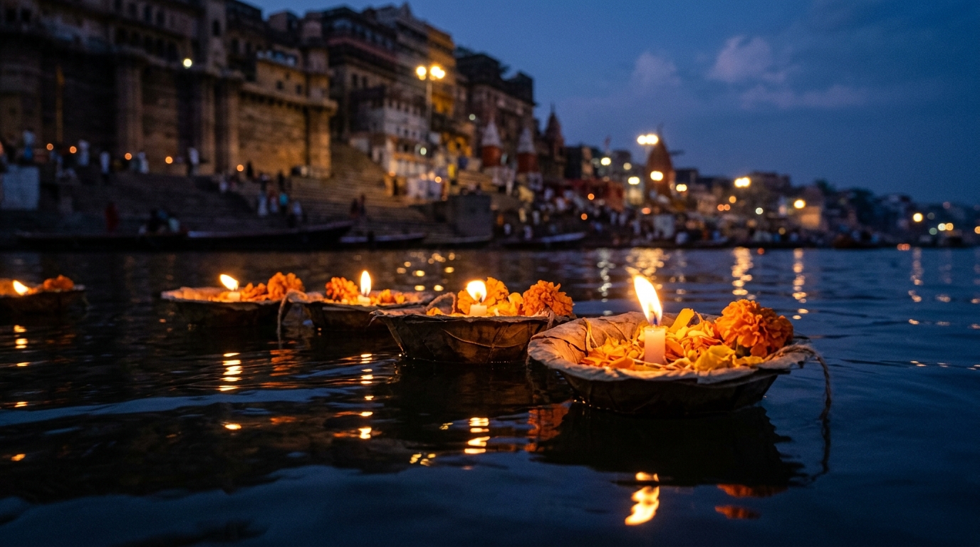 A breathtaking sunset reflecting on a holy river in India, concluding a journey of spiritual retreats in India