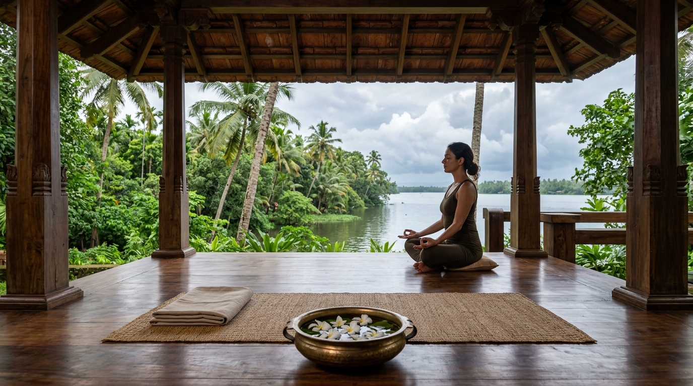 A serene practitioner meditating outdoors in a peaceful garden, representing spiritual retreats in India