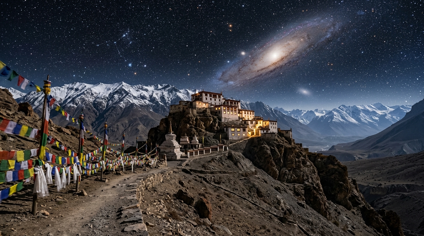 A breathtaking clear night sky full of stars over a mountainous valley, highlighting the beauty of stargazing in India