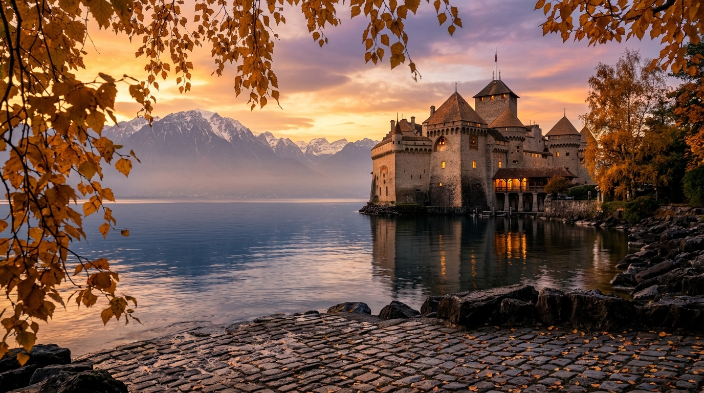 A romantic and cozy dinner setting overlooking a historic Swiss town, perfect for booking a switzerland tour package from india with TravelDham