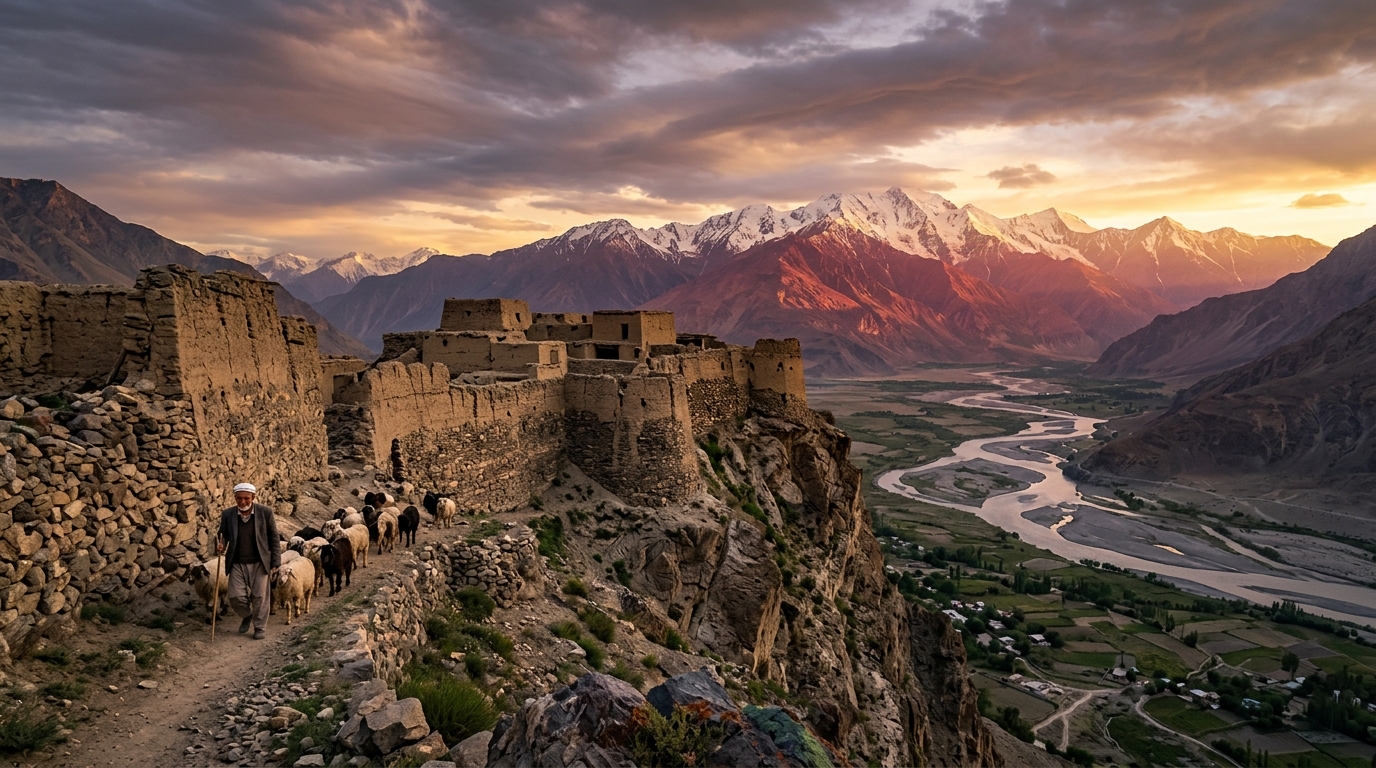 Scenic view of Pamir Mountains in Tajikistan