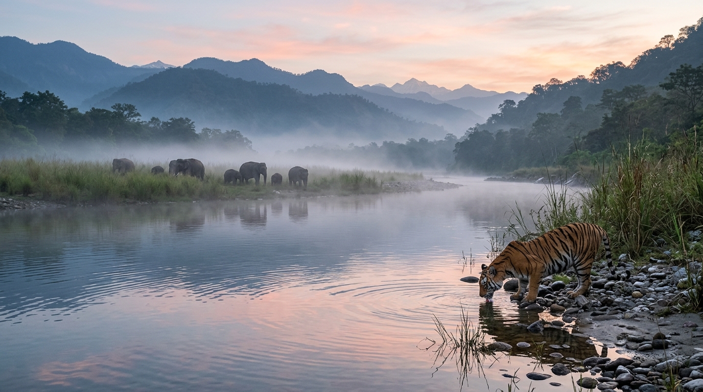 A safari vehicle tracking wildlife in a scenic Indian national park