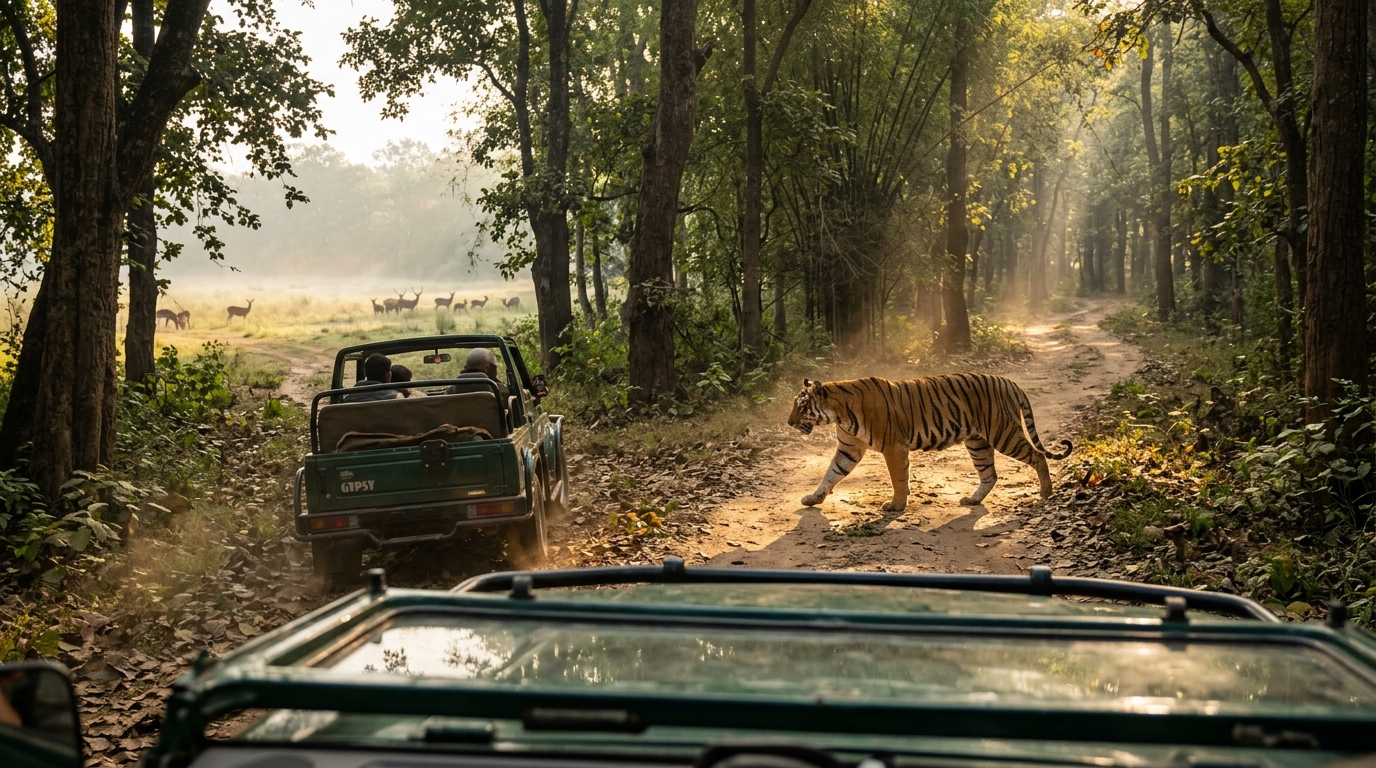 A majestic Royal Bengal Tiger walking through the dry deciduous forests of India