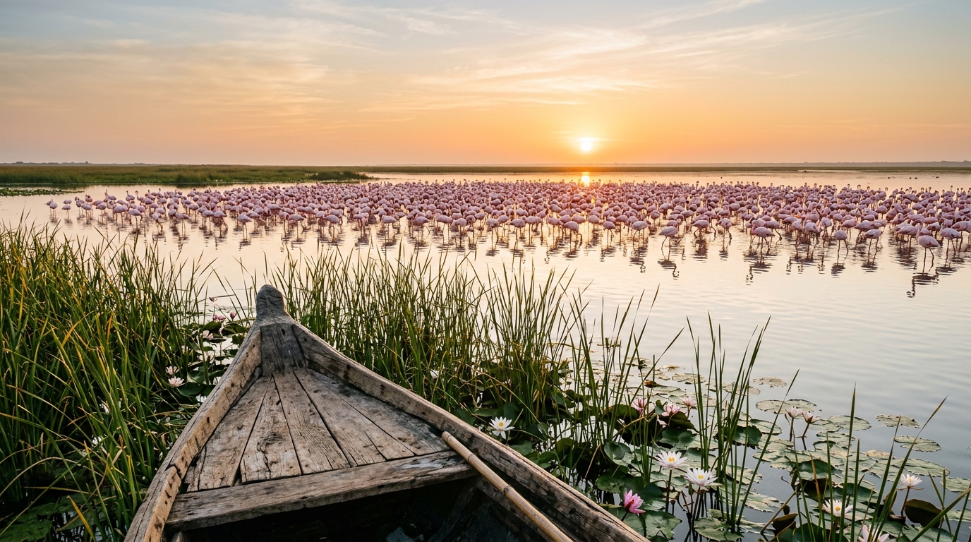 Flock of migratory birds resting in a scenic Indian wetland bird sanctuary