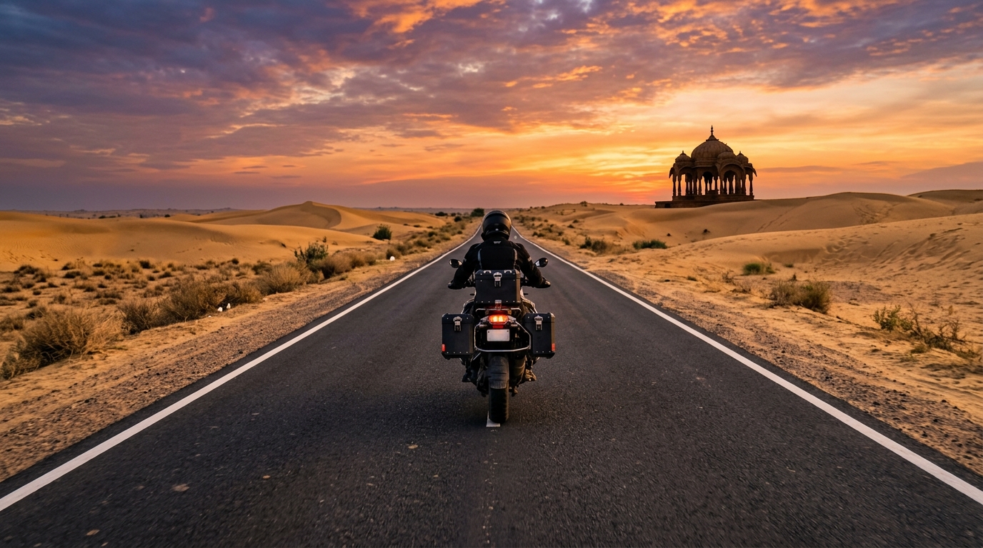 The Ultimate Guide to Touring Motorcycles in India: Choose Your Perfect Ride for Adventure 2 A touring motorcycle parked on the side of a highway stretching through the desert in India