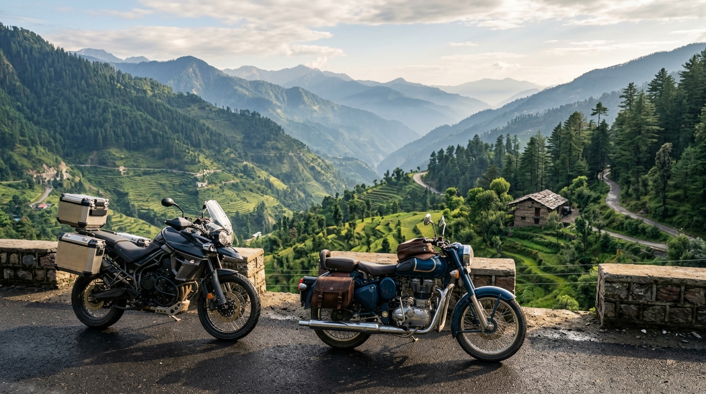The Ultimate Guide to Touring Motorcycles in India: Choose Your Perfect Ride for Adventure 1 A group of adventure touring motorcycles parked along a scenic mountain pass in India