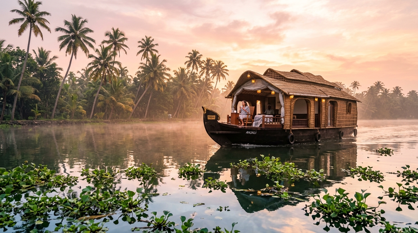 Houseboats sailing along the tropical backwaters of Kerala, premier travel destinations in india in december